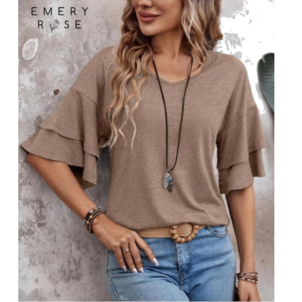 SOLD NWOT Neutral Colored Ruffle Sleeves Knit Top